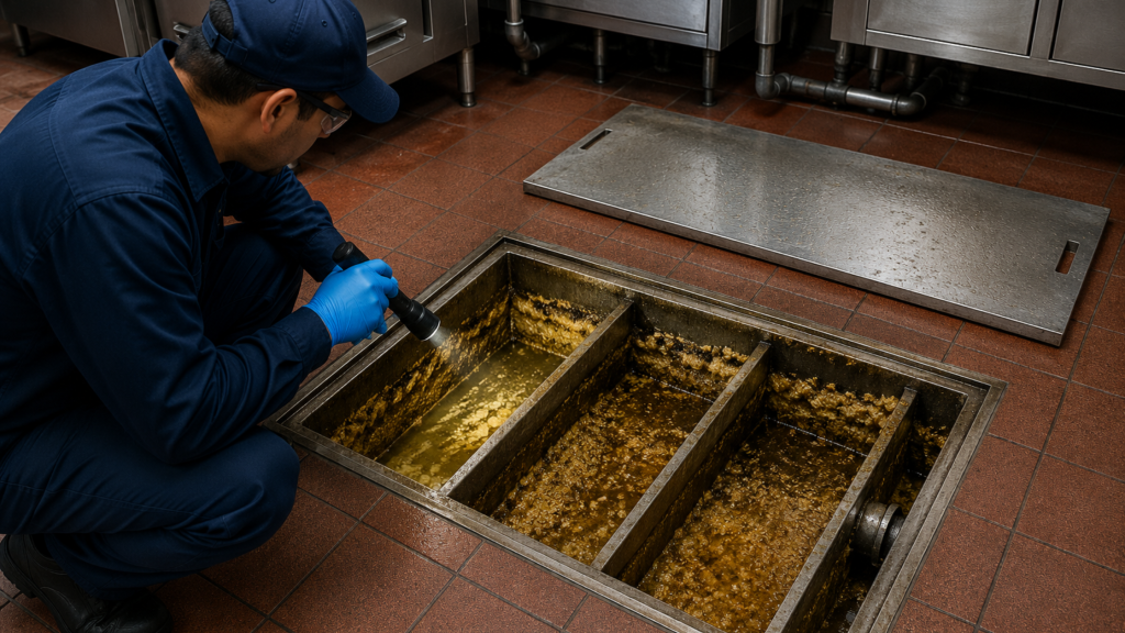 Operador revisando trampas de grasa