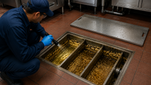Operador revisando trampas de grasa